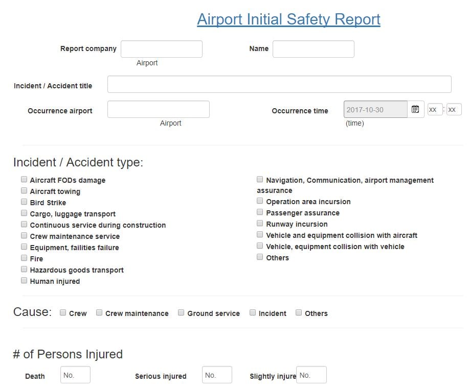 Airport initial safety report in aviation SMS