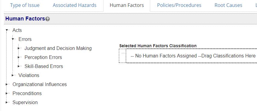 Human Factors Classifications in SMS Pro