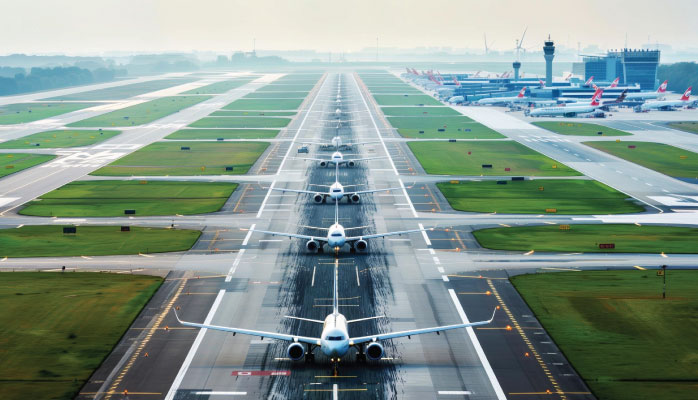 Aerial view multiple airplanes lined up runway