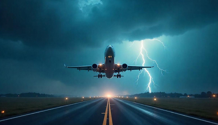 Airplane taking off from runway through storm Airplane taking off from runway through storm