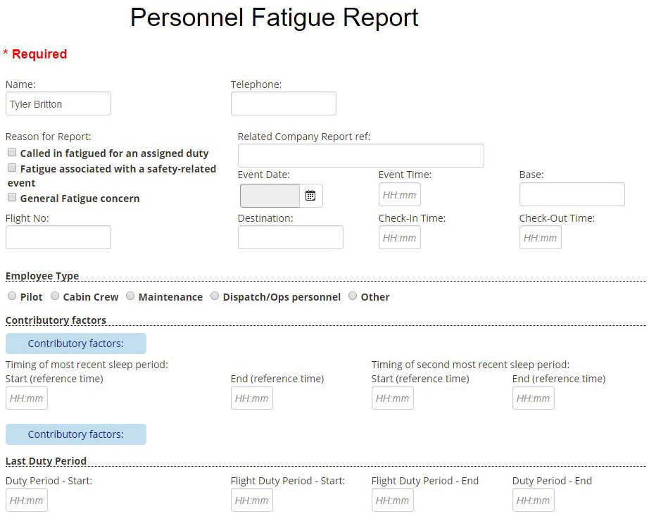 Fatigue report example in aviation SMS