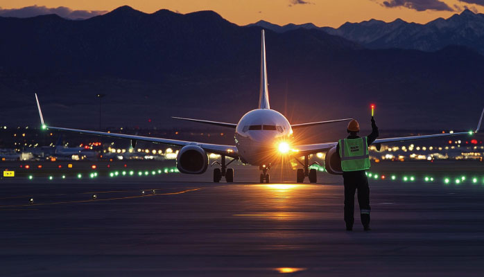 Ground crew is directing a plane
